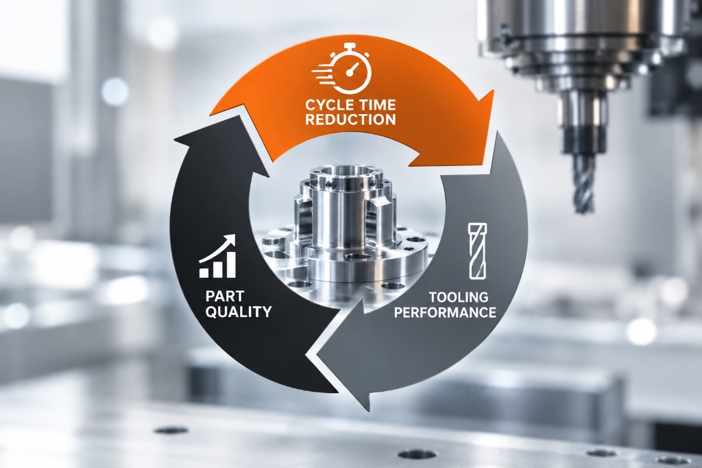 Circular process optimization diagram over a machined part: cycle time reduction, part quality, tooling performance
