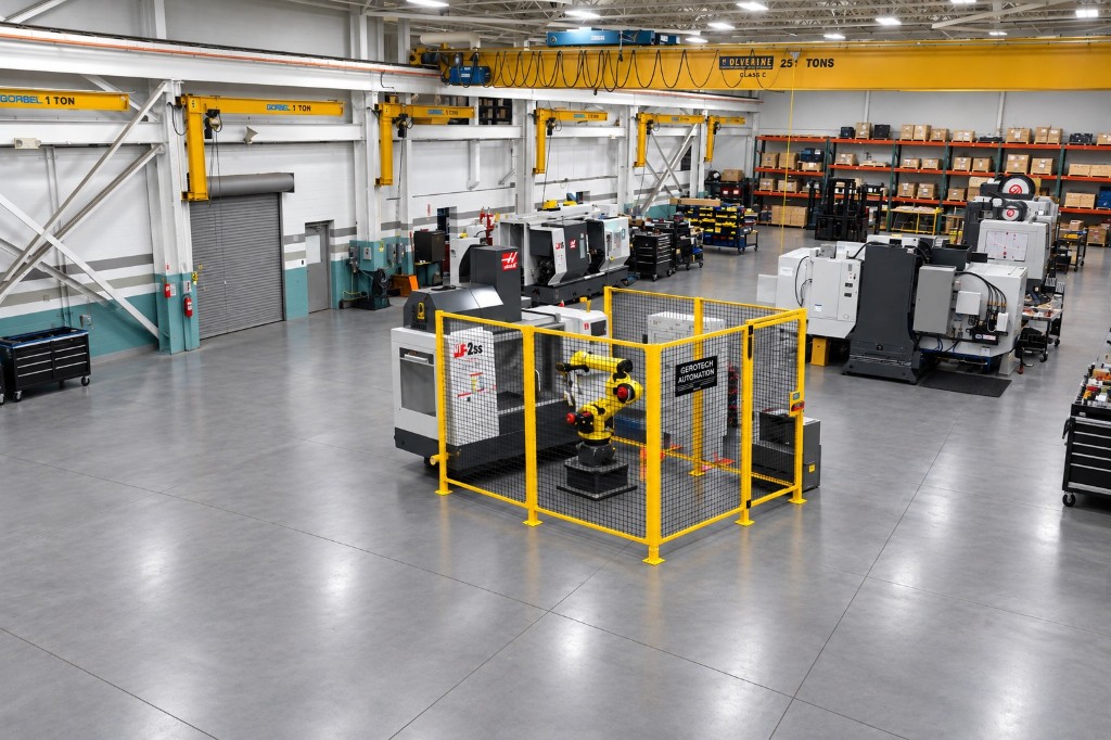 Haas VF-2SS and a yellow robot inside a Gerotech automation cell